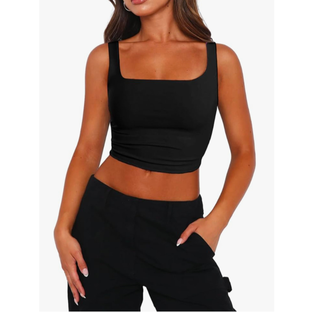 Women's Square Neck Crop Top Size XS‎ Black Ribbed Sleeveless Brand New